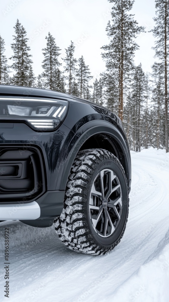 Naklejka premium White winter tires grip the snowy road, with soft forest outlines in the background, showcasing a serene, minimalistic winter landscape