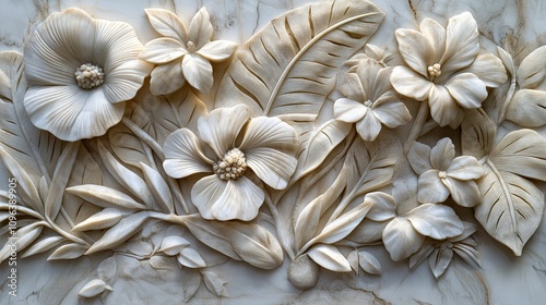 Intricate Carved Stone Floral Panel Featuring Flowers and Leaves