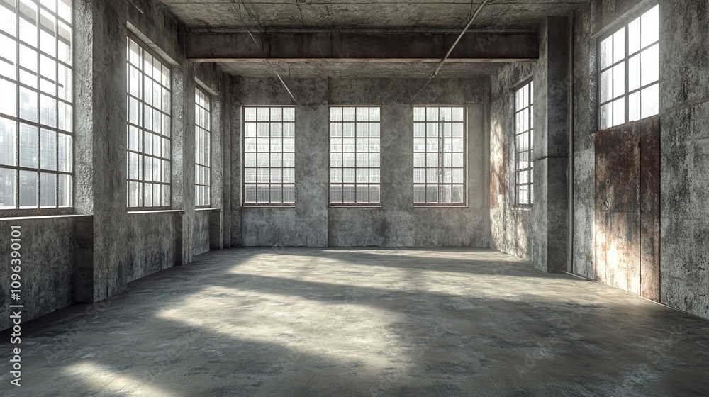 Empty loft apartment, industrial style, 3d render Empty loft apartment, industrial style, 3d render