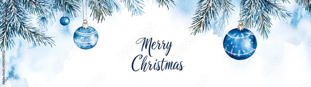 Merry Christmas lettering and ornaments on fir branches in green colors on white background. Christmas watercolour border, header, banner Merry Christmas lettering and ornaments on fir branches in green colors on white background. Christmas watercolour border, header, banner