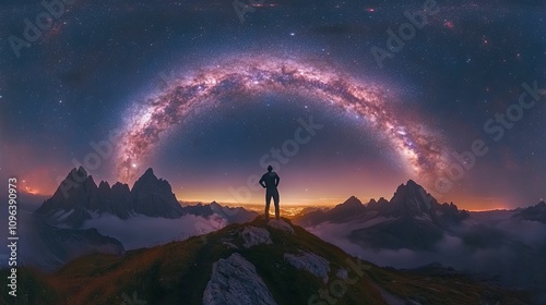 Lone Figure Silhouetted Against Majestic Mountain Range and Milky Way