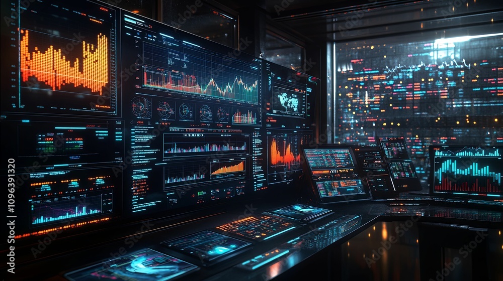 Futuristic Control Room Displays Financial Data Graphs Futuristic Control Room Displays Financial Data Graphs