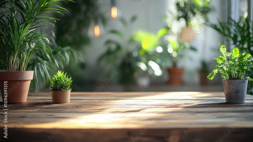 A serene indoor space with potted plants and wooden surfaces, promoting relaxation and nature.