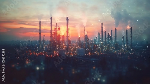 Future factory plant and energy industry concept in creative graphic design. Oil, gas and petrochemical refinery factory with double exposure arts showing next generation of power and energy business