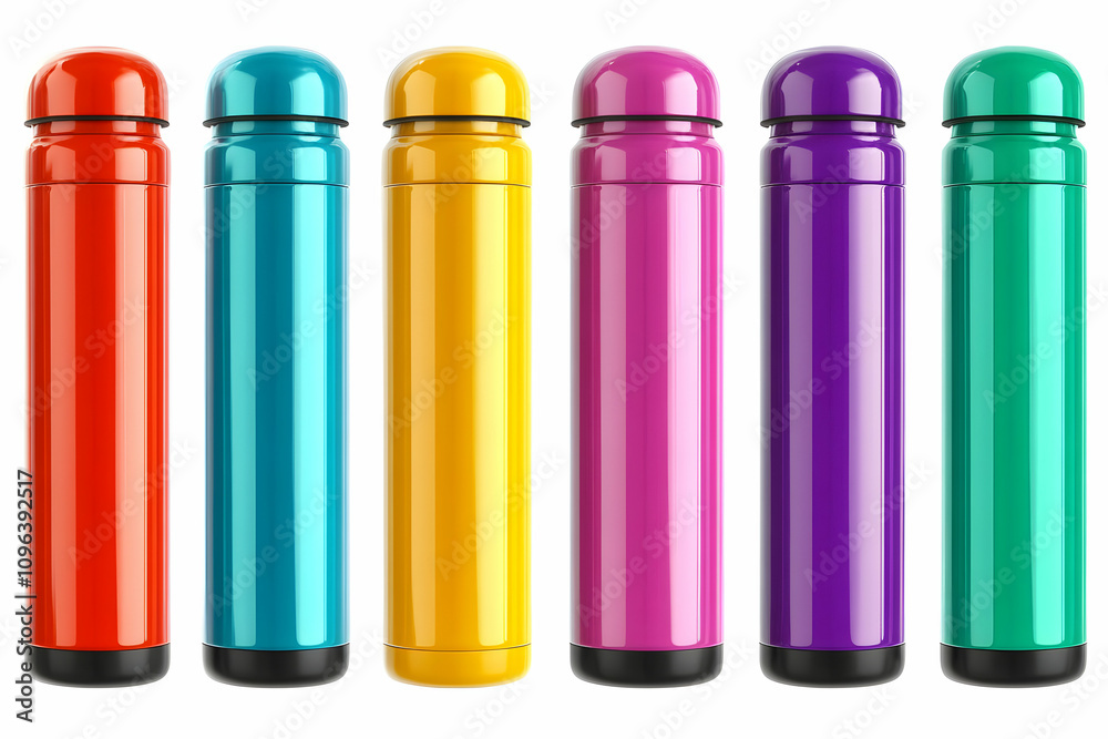 Six Colorful Thermoses in a Row, 3D Render Six Colorful Thermoses in a Row, 3D Render