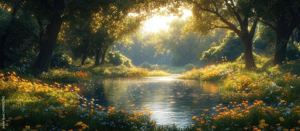 Serene forest landscape with tranquil river surrounded by blooming wildflowers and soft sunlight filtering through lush green trees Serene forest landscape with tranquil river surrounded by blooming wildflowers and soft sunlight filtering through lush green trees