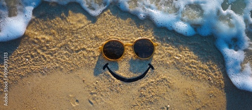 Beach smiley face design with sunglasses symbolizing joy and relaxation during a sunny holiday at the seaside resort. photo