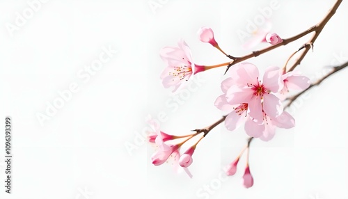 Delicate cherry blossom branch with pink flowers against a clean white background