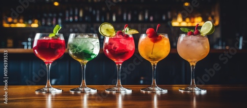 Vibrant selection of classic cocktails garnished with fruits on a wooden table in a stylish bar setting with a blurred background ambiance photo