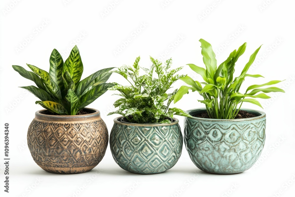 Three potted plants with patterned pots. Three potted plants with patterned pots.
