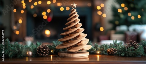 Charming Wooden Christmas Tree Centerpiece with Holiday Lights and Pine Cones photo