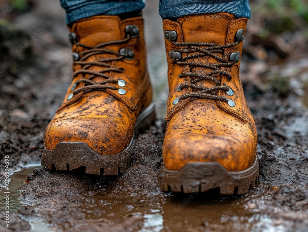 Durable leather boots in muddy outdoor adventure setting Durable leather boots in muddy outdoor adventure setting