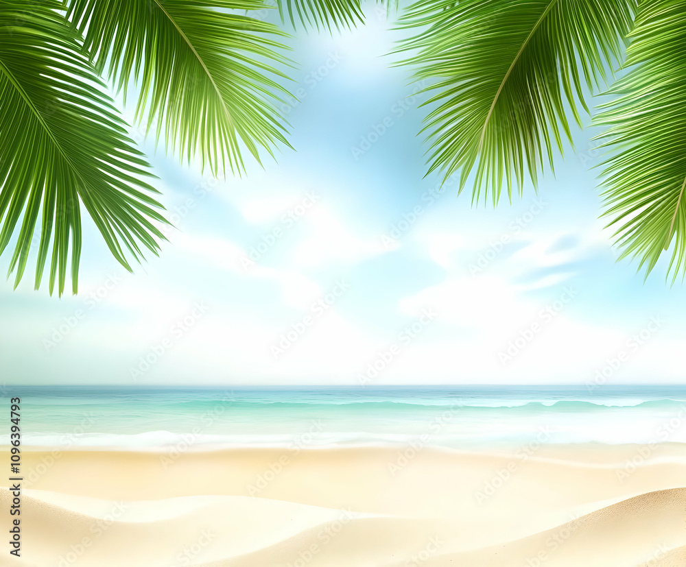 Tranquil Tropical Beach Scene with White Sand and Palm Leaves Tranquil Tropical Beach Scene with White Sand and Palm Leaves
