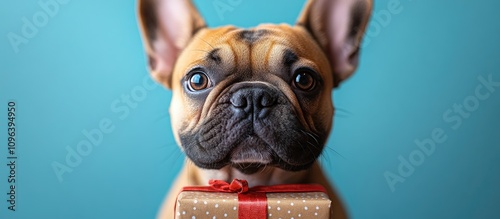 Playful French bulldog holding a gift box against a vibrant blue background capturing heartwarming holiday spirit and joy photo