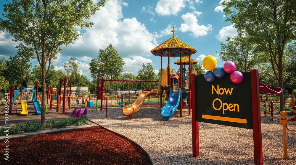 Vibrant Community Playground Scene with Bright Sunny Sky, Colorful Play Equipment, and a Welcoming Vibrant Community Playground Scene with Bright Sunny Sky, Colorful Play Equipment, and a Welcoming