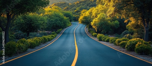 Aerial view of winding road surrounded by lush greenery under warm sunlight photo