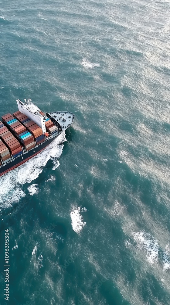 Fototapeta premium An aerial view captures a container ship laden with cargo navigating the open sea, showcasing the scale of international commerce