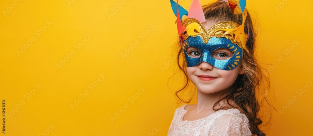 Obraz premium Young girl wearing a vibrant carnival mask smiles playfully against a bright yellow background depicting joy and festivity.