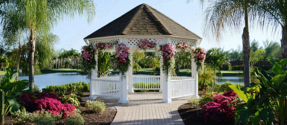 Fototapeta premium Stunning outdoor wedding gazebo surrounded by vibrant flower arrangements and lush greenery by a serene lake view.