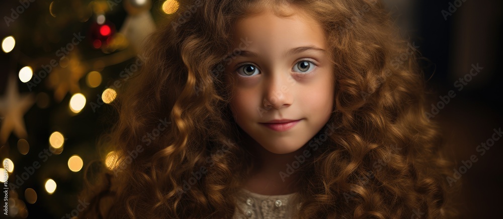 Fototapeta premium Young girl with curly hair and blue eyes celebrates Christmas with a beautifully decorated tree adorned with warm lights and festive ornaments.