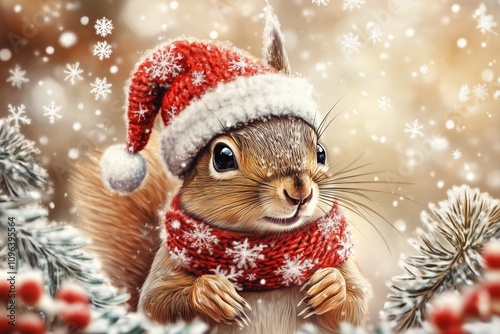 Festive holiday scene featuring a cute squirrel