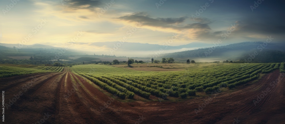 Fototapeta premium Expansive agricultural landscape at dawn with lush green fields and misty mountains in the background under a colorful sky