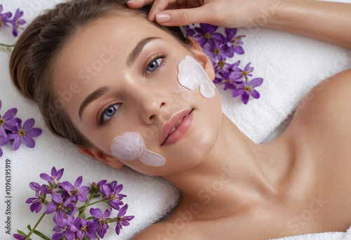 Beautiful woman clean fresh skin lying white towel surrounded small purple flowers this spa treatment concept represents beauty and body care for face. photo