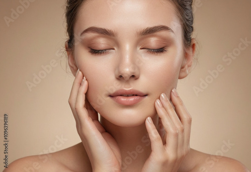 Beauty portrait flawless skin skincare routine moisturizer application closed eyes serene expression nude makeup natural glow beige background.