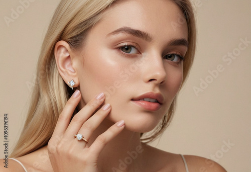 Minimalist jewelry model poster image light solid color background blank left close-up blonde latin beauty touching her side face.