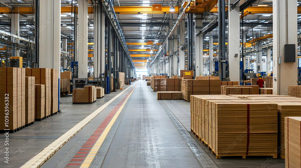 Fototapeta premium Industrial Warehouse Interior: Cardboard Boxes Stacked Along Factory Floor, Showing Manufacturing Process