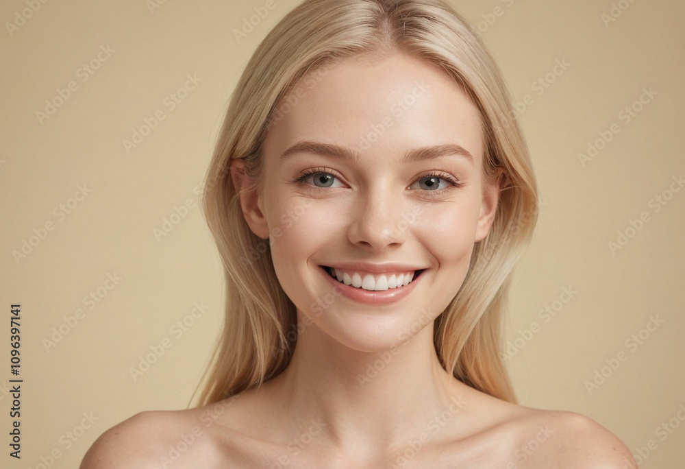 Beautiful blond smiling woman light pale yellow background. Beautiful blond smiling woman light pale yellow background.