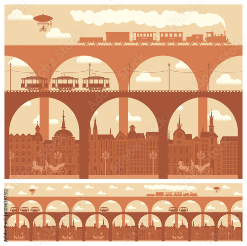 Vector seamless horizontal pattern with an old town or city with bridges and vintage transport, Vintage steam locomotive and tram in retro style