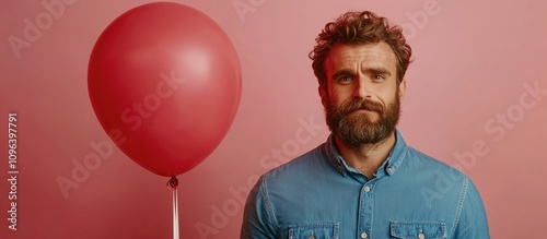 Joyful man with beard holding a red balloon against pink background showcasing emotions and celebration concept in stylish denim shirt photo