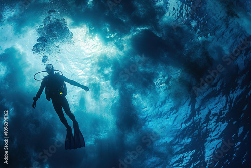 Wallpaper Mural Beautiful diver goes on an underwater adventure in frighteningly deep sea Torontodigital.ca