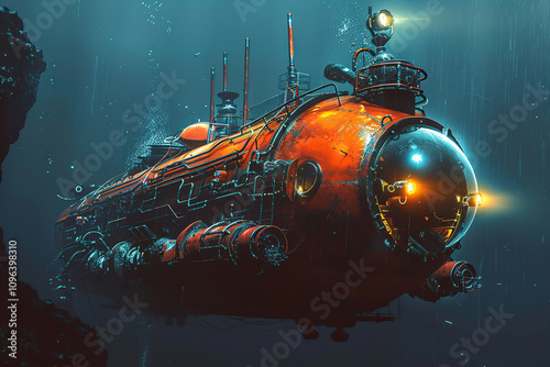 Beautiful large bathyscaphe floating in middle of ocean during exploration photo