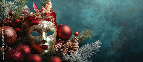 Wallpaper Mural Elegant Christmas arrangement with festive decorations and a decorative mask on textured background suitable for seasonal greeting cards and promotions Torontodigital.ca