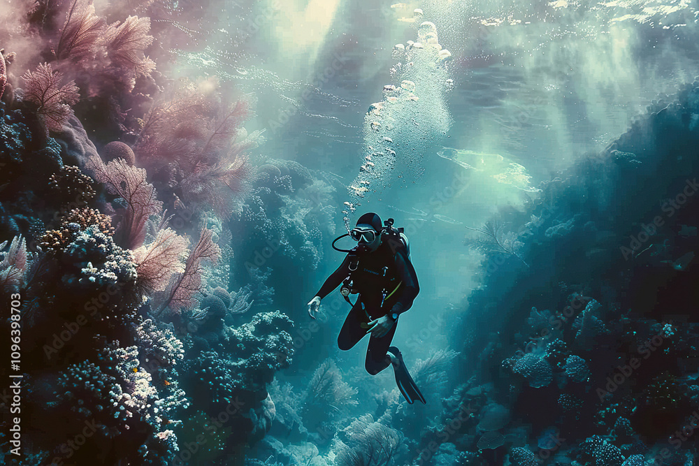 Beautiful diver goes on an underwater adventure in frighteningly deep sea Beautiful diver goes on an underwater adventure in frighteningly deep sea