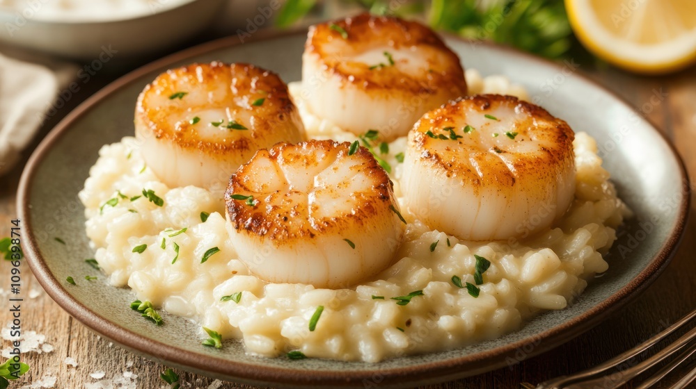 A plate of seared scallops served on creamy risotto, garnished with herbs and lemon. A plate of seared scallops served on creamy risotto, garnished with herbs and lemon.