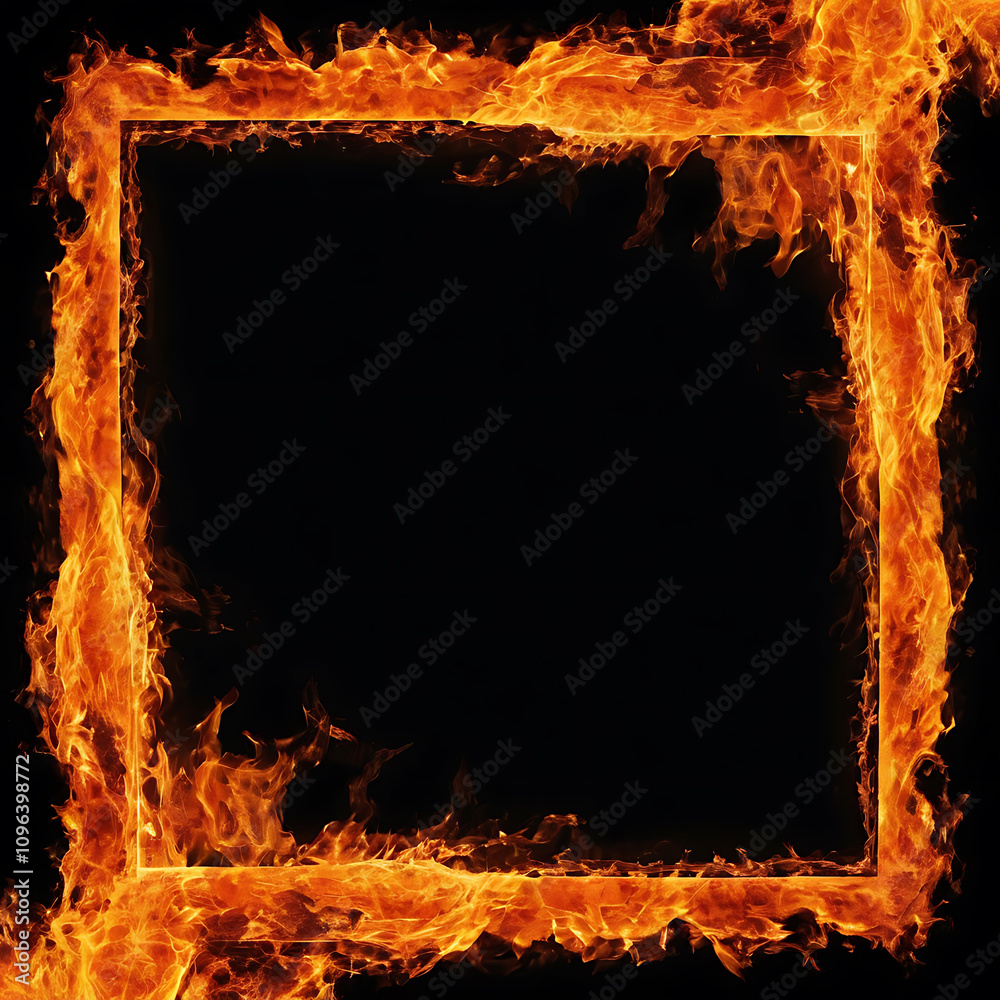 orange and red hot flowing  fire frame border isolated on black background 