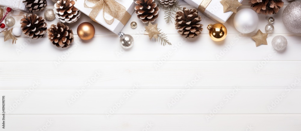Festive Christmas frame with ornaments gift boxes and pine cones on a white wooden table above view space for holiday text or messages Festive Christmas frame with ornaments gift boxes and pine cones on a white wooden table above view space for holiday text or messages