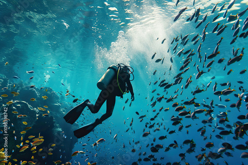 Beautiful diver goes on an underwater adventure in frighteningly deep sea