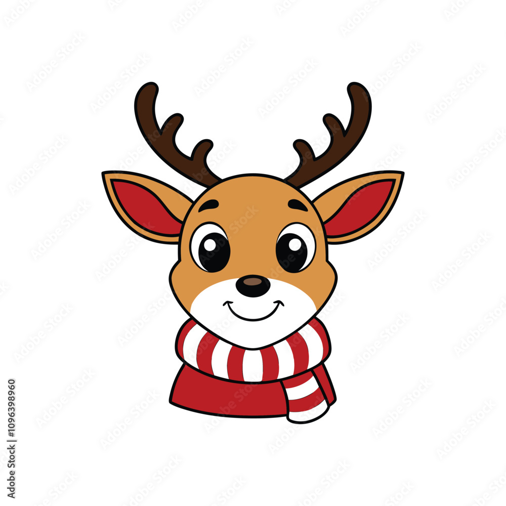 Obraz premium Festive Reindeer Cartoon Vector - Santa Hat and Striped Scarf Illustration
