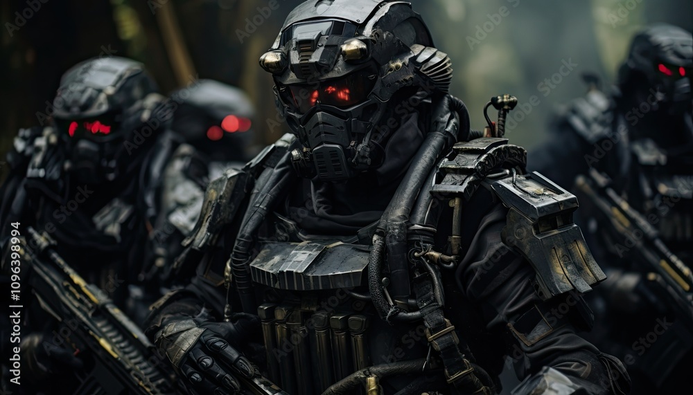 Fully armored soldiers with glowing red visors stand alert in a thick forest, holding rifles and readying for a strategic mission. Their high-tech gear blends with the surroundings as they prepare Fully armored soldiers with glowing red visors stand alert in a thick forest, holding rifles and readying for a strategic mission. Their high-tech gear blends with the surroundings as they prepare