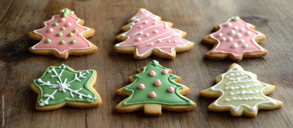 Decorative Christmas cookies arranged on a wooden surface showcasing festive designs and bright colors for holiday celebrations Decorative Christmas cookies arranged on a wooden surface showcasing festive designs and bright colors for holiday celebrations