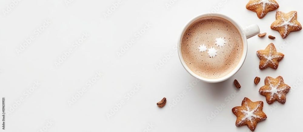Cozy cup of hot cocoa with sugar glazed cookies on a white background perfect for festive greetings and holiday season promotions Cozy cup of hot cocoa with sugar glazed cookies on a white background perfect for festive greetings and holiday season promotions