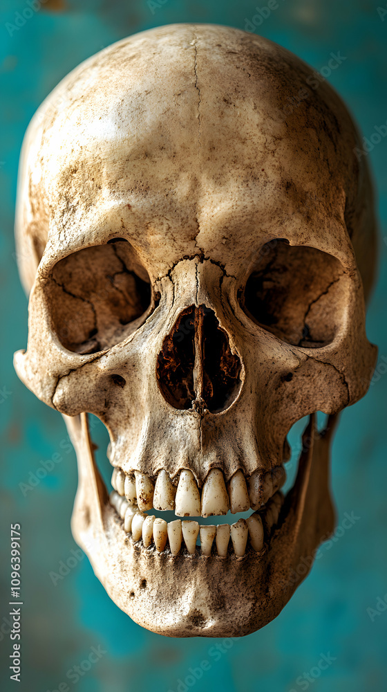 Detailed Close-up of a Human Skull with Visible Teeth Against a Teal Background
