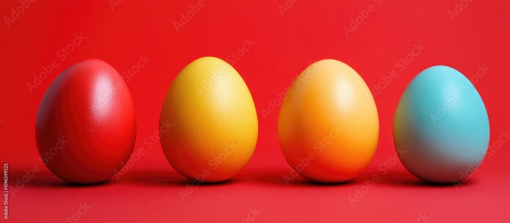 Easter celebration with colorful eggs arranged against a vibrant red background highlighting holiday joy and tradition