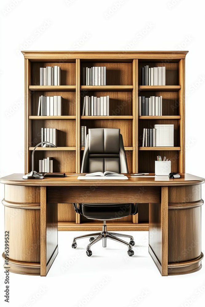 Wooden desk, chair, bookcase, books, office. Wooden desk, chair, bookcase, books, office.