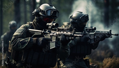 A skilled team of elite soldiers, armored and equipped with rifles, maneuvers swiftly through a smoky forest area during a tactical exercise, showcasing their training and coordination