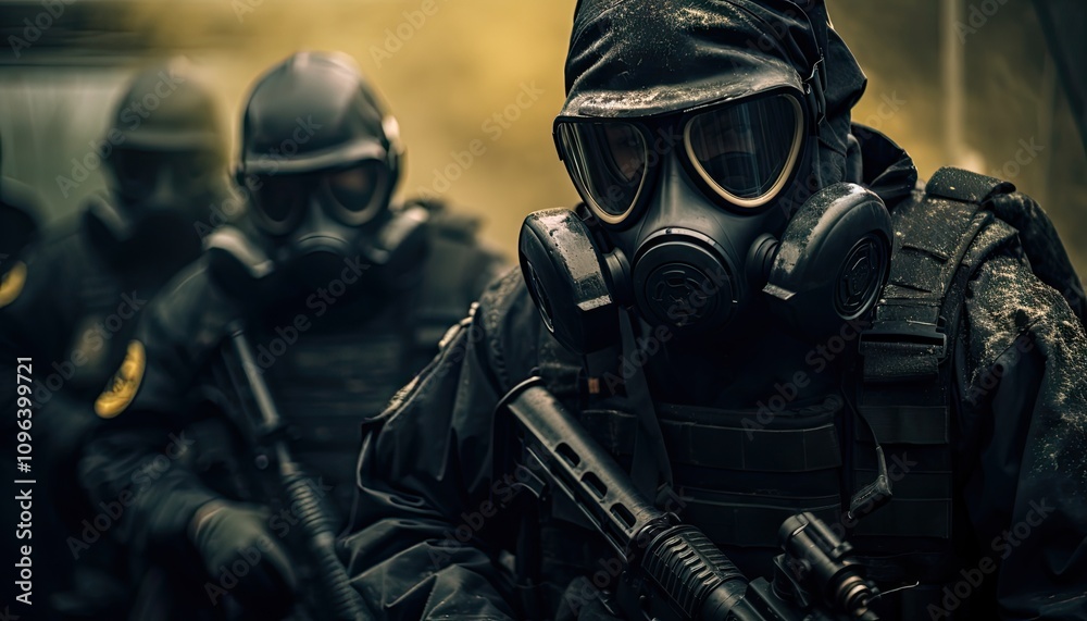 Fully armored elite soldiers equipped with tactical gear and gas masks navigate through a hazardous area, showcasing their precision and readiness in a critical mission Fully armored elite soldiers equipped with tactical gear and gas masks navigate through a hazardous area, showcasing their precision and readiness in a critical mission